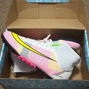 White Multicolor Soccer Cleats with Yellow Swoosh